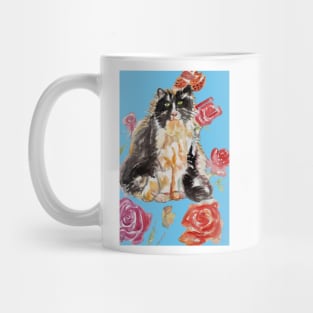 Tuxedo Cat Watercolor Painting and Roses on Light Blue Mug